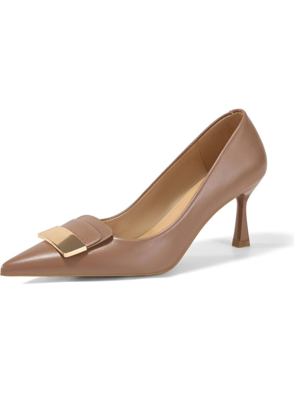 Women's Dark Nude Kitten Heel Lambskin Insole Pointed Toe Metal Deco Dress Shoes